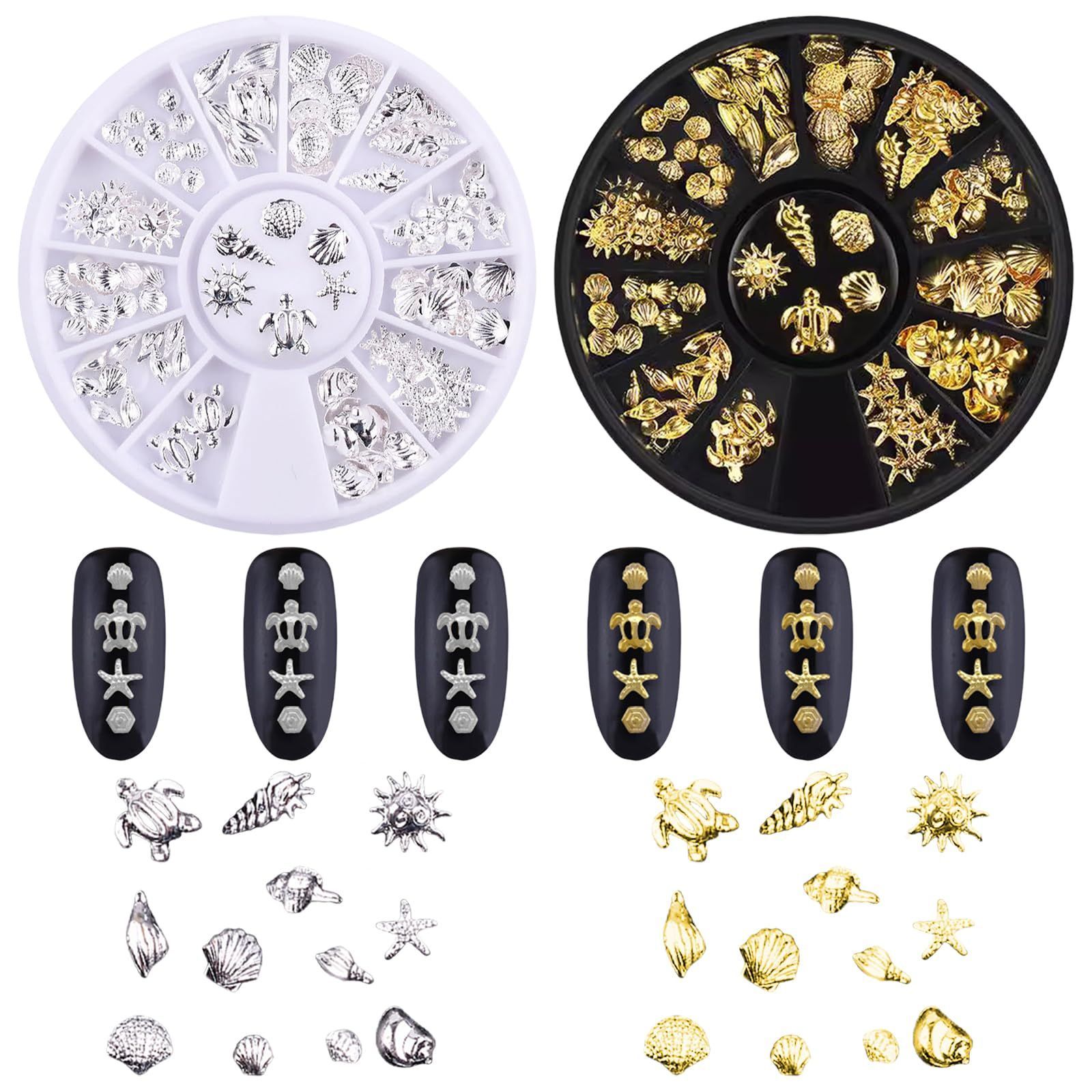 Nail Studs Set of 2 3D Three-dimensional Seashell Starfish Conch Sea Turtle Nail Parts Studs Metal Parts Silver Gold Shell Shellfish Starfish Nail Art Parts Marine Summer Gel Nail Art Deco Parts Handmade DIY Handmade (