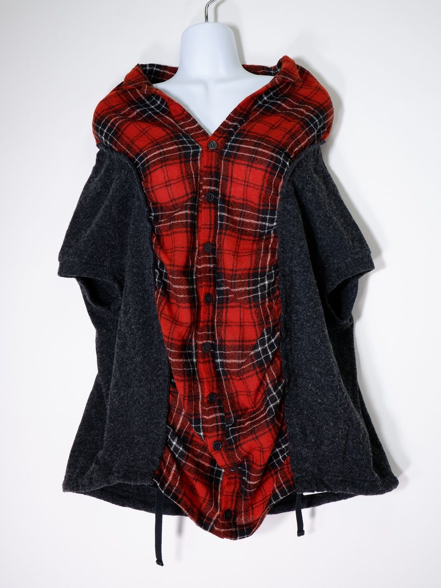Y sワイズ ヨウジヤマモト ウール縮絨 ドッキングチェックシャツ 変形ギャザートップス 2