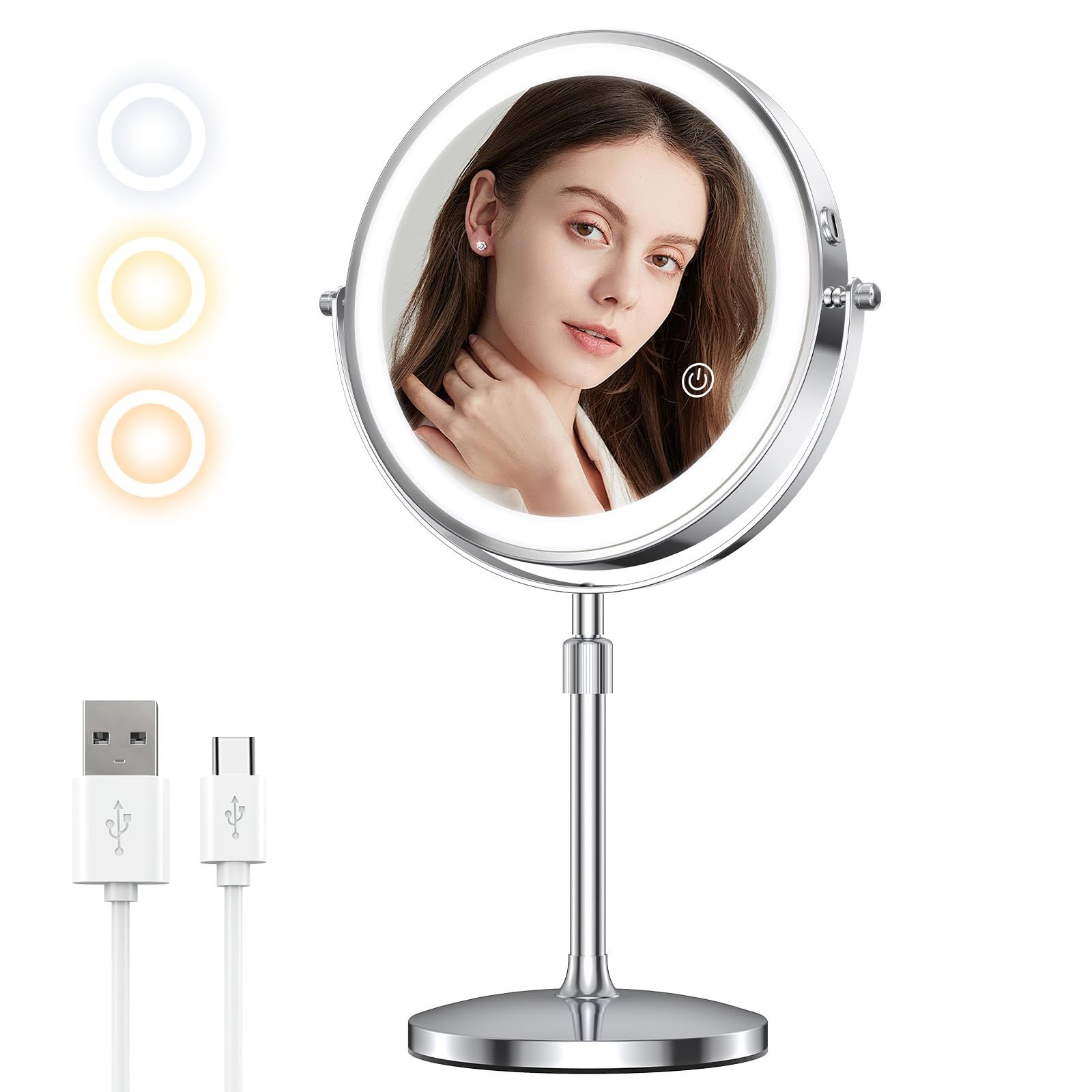 MILPROX 化粧鏡 ライト付き 女優ミラー 高さ調整 拡大鏡 卓上ミラー 8インチ USB充電式 2000mAh大容量 1倍10倍拡大鏡 寒暖自然色調節 明るさ調節 メイク メモリー 消し忘れ防止 タッチ式 360度回転 