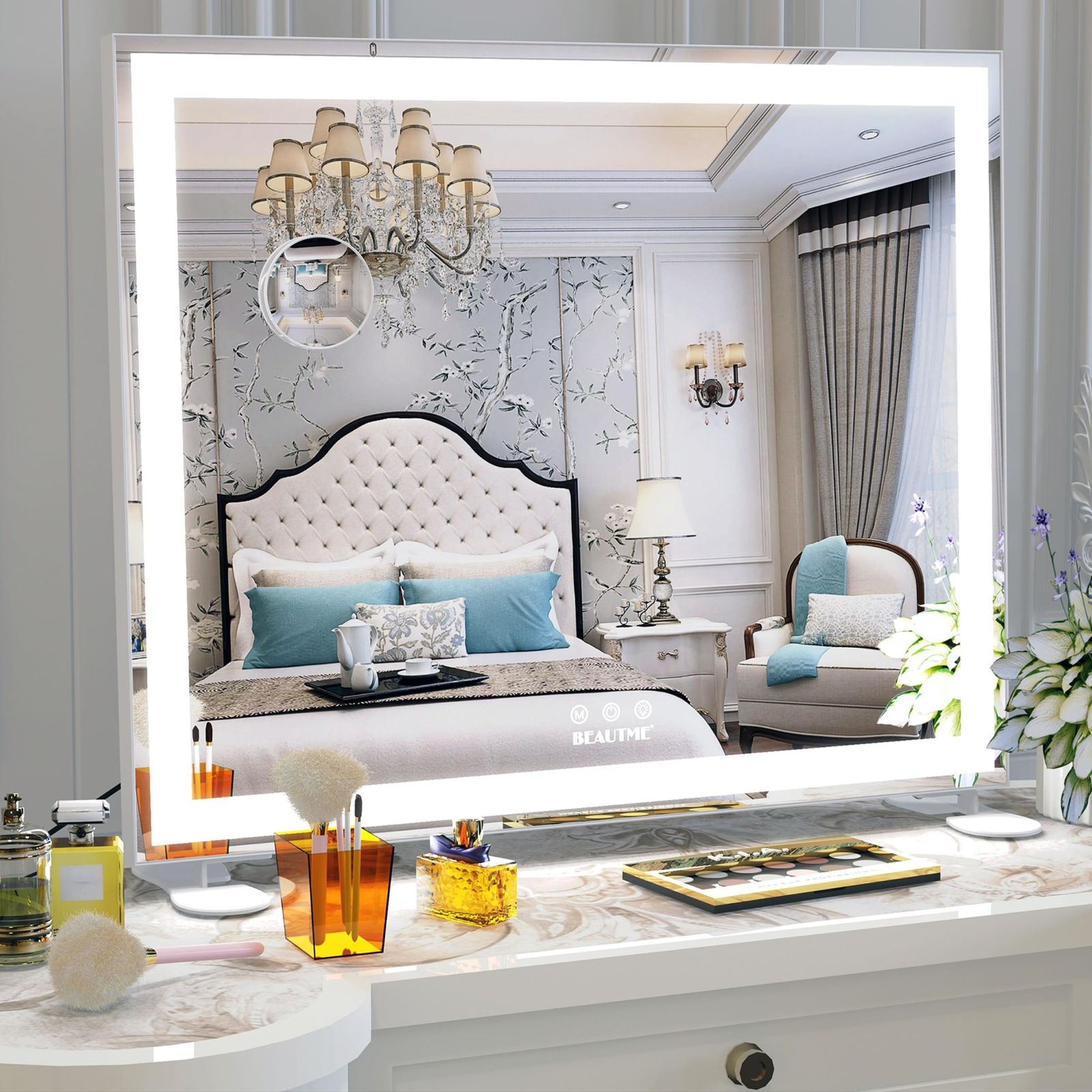 BEAUTME 女優ミラー 化粧鏡 ハリウッドミラー 壁掛け 卓上両用 三色照明モード 無段階調光 白 600 507 150 mm