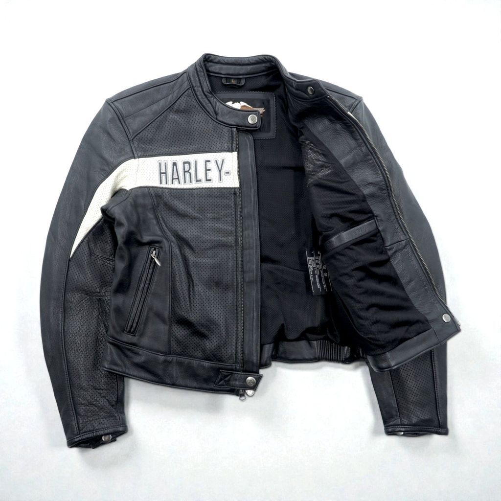 HARLEY DAVIDSON パンチングレザー レーシングジャケット L シングルライダース ダブルジップ 白ライン