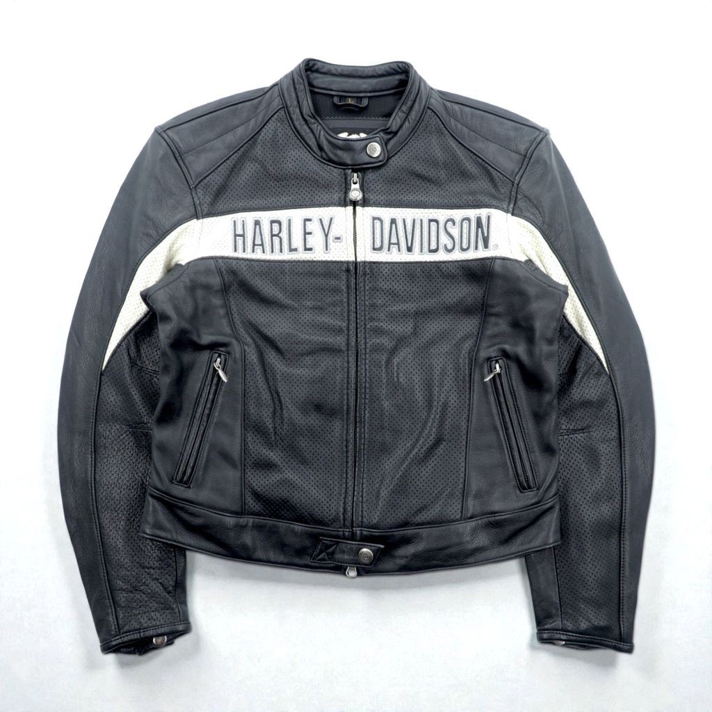 HARLEY DAVIDSON パンチングレザー レーシングジャケット L シングルライダース ダブルジップ 白ライン