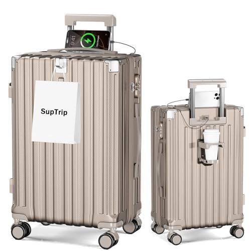 SupTrip スーツケース 機内持ち込み キャリーケース 大型 超軽量 キャリーバッグ 耐衝撃 USBポート付き カップホルダー付き 充電機能 荷物フック 隠しフック機能 静音 ダブルキャスター 360度回転 修学 泊まる 旅行 出張 シャンパ