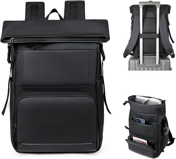Keranixy ビジネスリュックメンズ ロールトップ リュック 35 L 大容量 バックパッック 拡張型 防水バッグ 14インチPC収納 盗難防止 ビジネスリュック 通勤 出張 旅行 男女兼用 ブラック