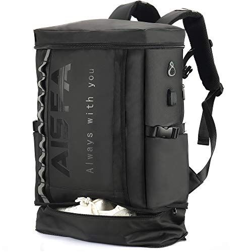 AISFA リュック メンズ リュックサック スクエア バックパック 防水17インチ PC ビジネス ラップトップバック USB充電ポート付き 30 L アウトドア旅行防災 通勤 靴|弁当収納