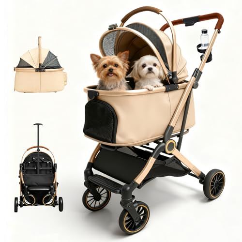 Merox ペットカート分離型 犬カート ワンタッチ折り畳み 自立 小型犬2匹 中型犬 猫 ペットバギー 広い空間 前輪360°回転 前後輪バネ付 衝撃吸収 耐摩耗 後輪片足ブレーキ 軽量ファッション 耐荷重25 KG 安定 介護用 お出かけ コンパ