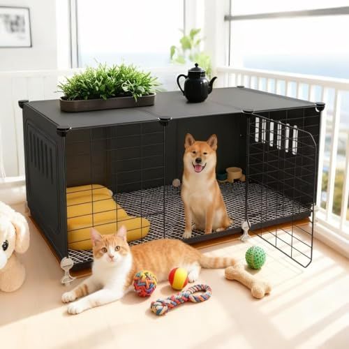 犬 ケージ ペットケージ 屋根付き 長さ106×幅46×高さ42.5 cm フェンス 頑丈 錆防止 引き出しトレイ マット 犬の巣付き ペットサークル 掃除簡単 組立簡単 適用小型 中型 大型犬 脱走防止 室内外兼用 日本語説明書付き ブラック
