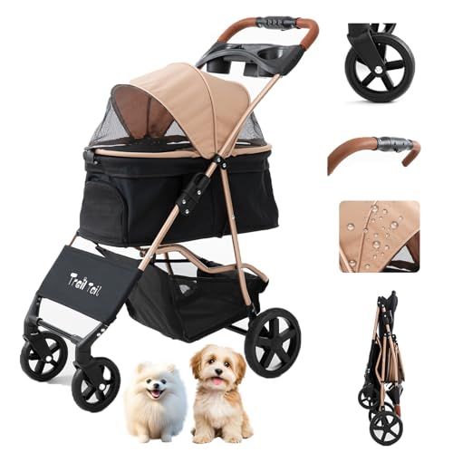 ペットカート 犬用ベビーカー 小型犬 一体型 折り畳み イヌバギーミニ 4輪タイプ 組み立て簡単 猫犬兼用 物推 ドッグ 旅行 スタイリッシュゴールド レザーハンドル 軽量 6 kg コンパクト ワンタッチ開閉 メッシュ 耐荷重15 犬用おでかけ用品 衝