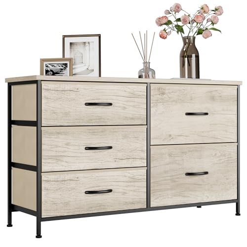 Nicehill タンス 収納 チェスト 洋服収納 3段5杯 箪笥 リビング収納 たんす 布製引き出し 安定感 組立簡単 木製天板 幅100×奥行29×高さ61 cm ライトウッドグレイン