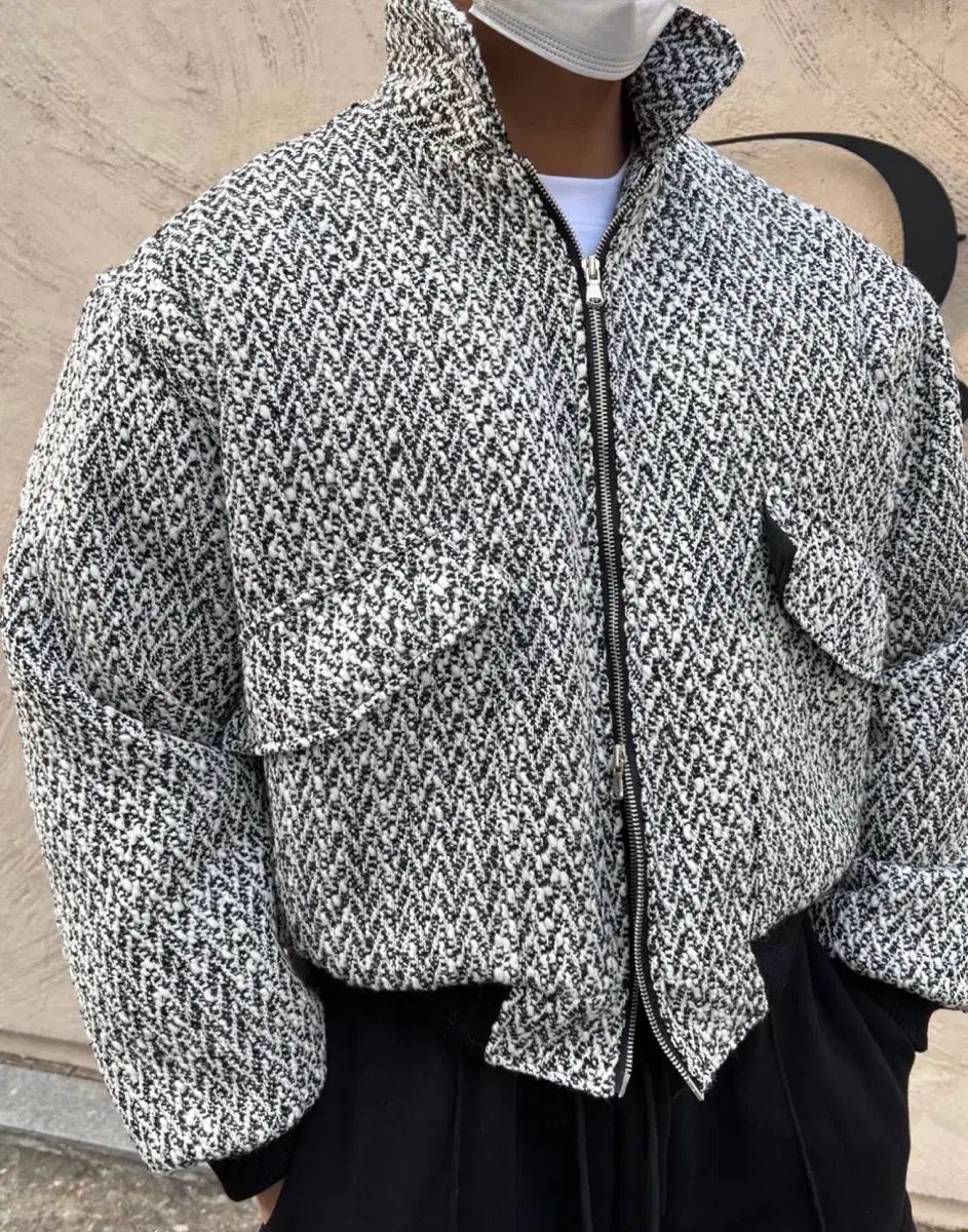 ウール ツイード ツーウェイ ブルゾン ジャケット ブラック M