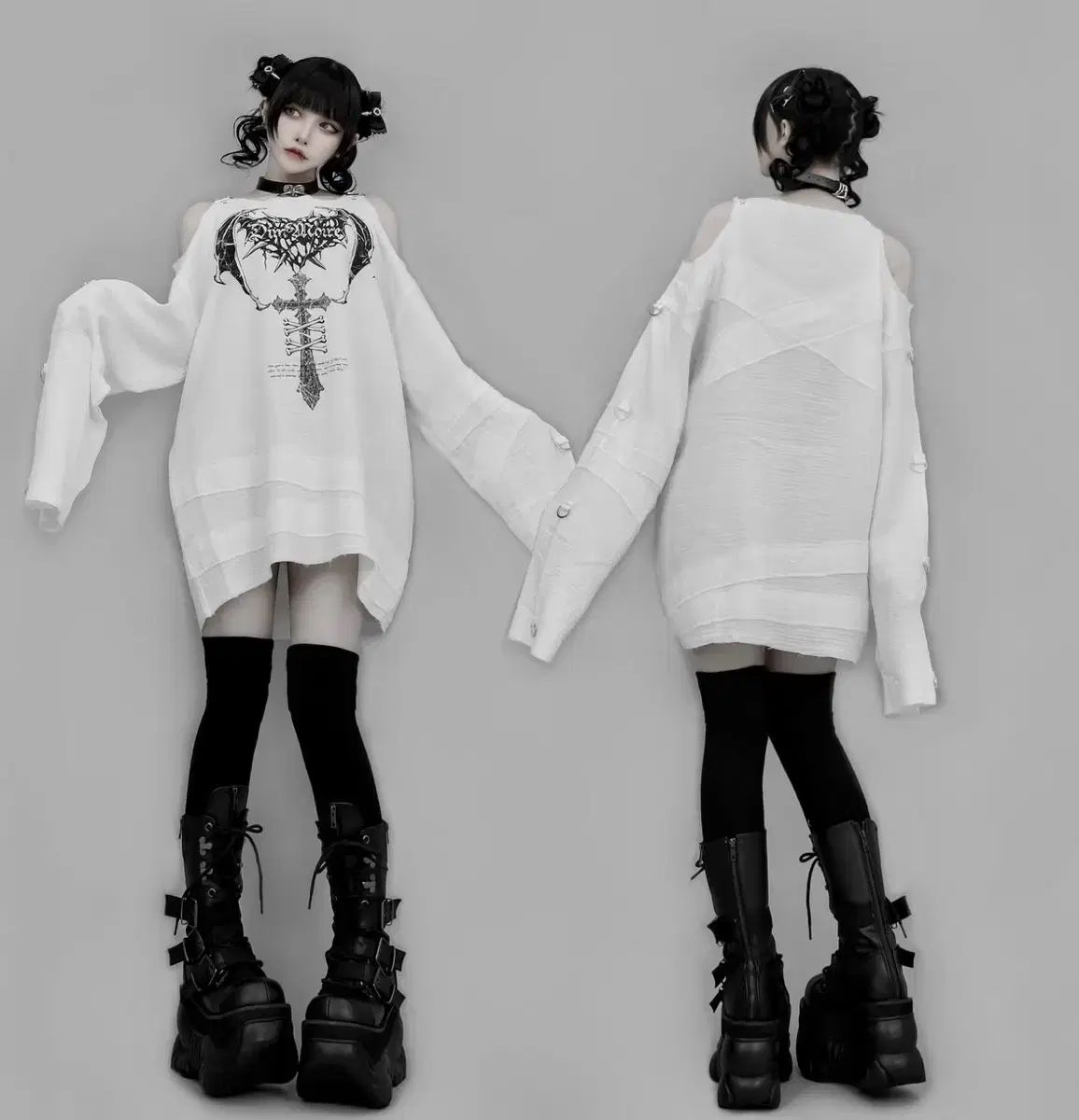 딤모아르十字架オフショルダーTシャツ 白 ユニセックス パンク ヴィンテージ