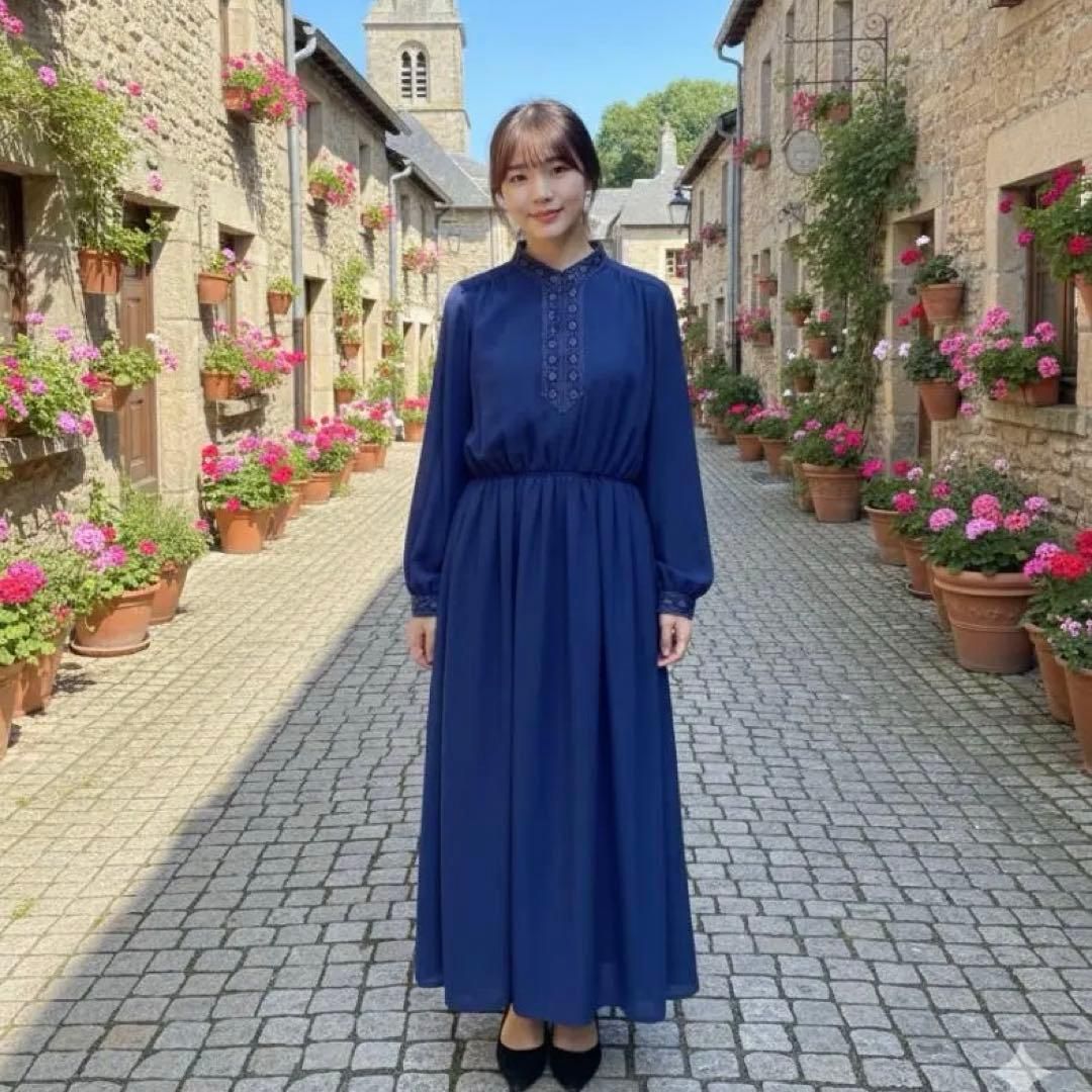 昭和レトロ 長袖ロングワンピース 花柄刺繍入りデザイン ネイビー11号