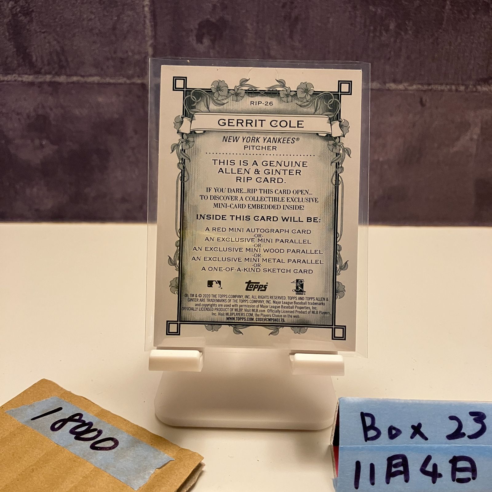 2020 Topps Gerrit Cole York Yankees Allen Ginter Rip Card カード