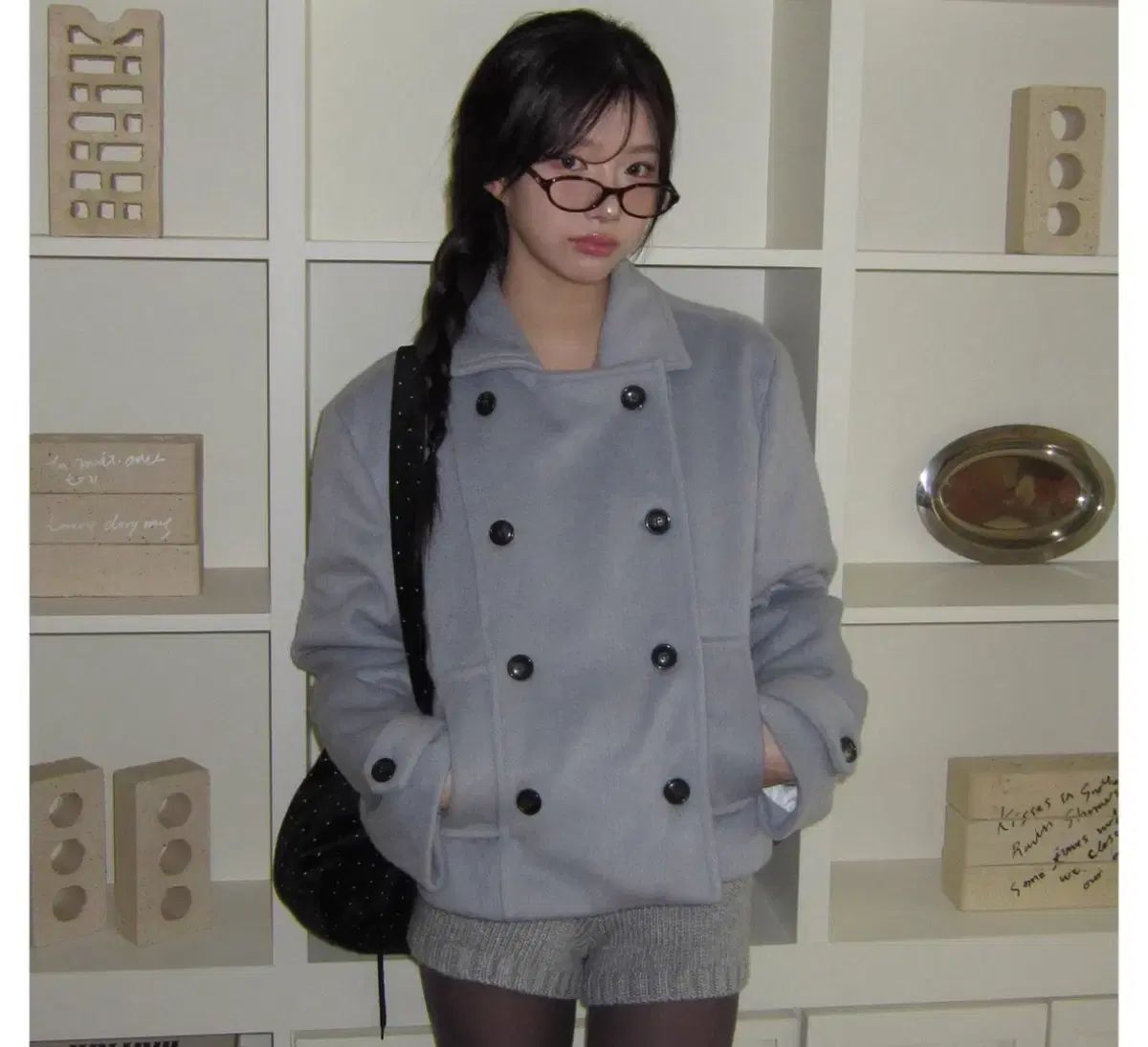 冬 ショートコート ブルー ダブルカラ ハーフコート 購入 ウールライク