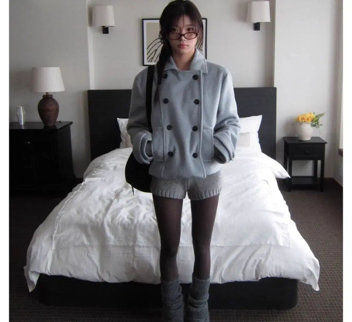 冬 ショートコート ブルー ダブルカラ ハーフコート 購入 ウールライク