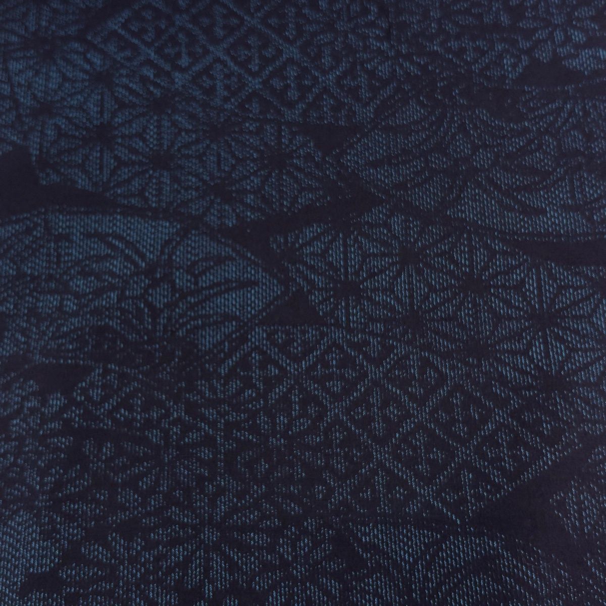 反物 秀品 紬 証紙有 扇面 麻の葉 紺色 正絹