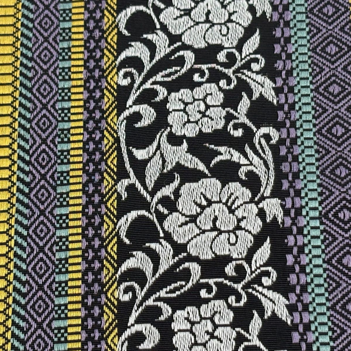 半幅帯 名品 博多織 証紙 花唐草 縞 黒 正絹