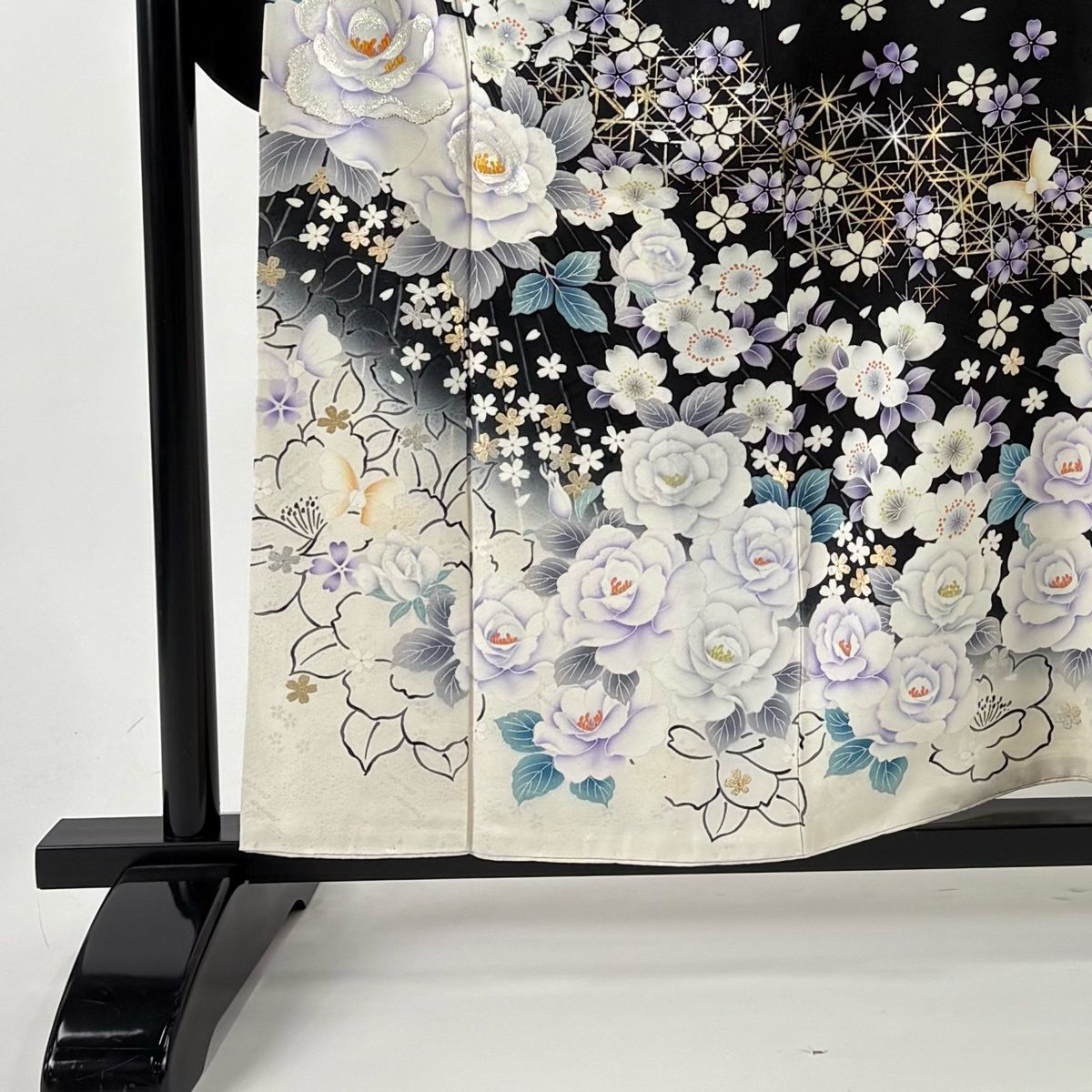 振袖 身丈158 cm 裄丈68.5 L 袷 袋帯フルセット 牡丹 桜 金銀彩 刺繍 黒 正絹