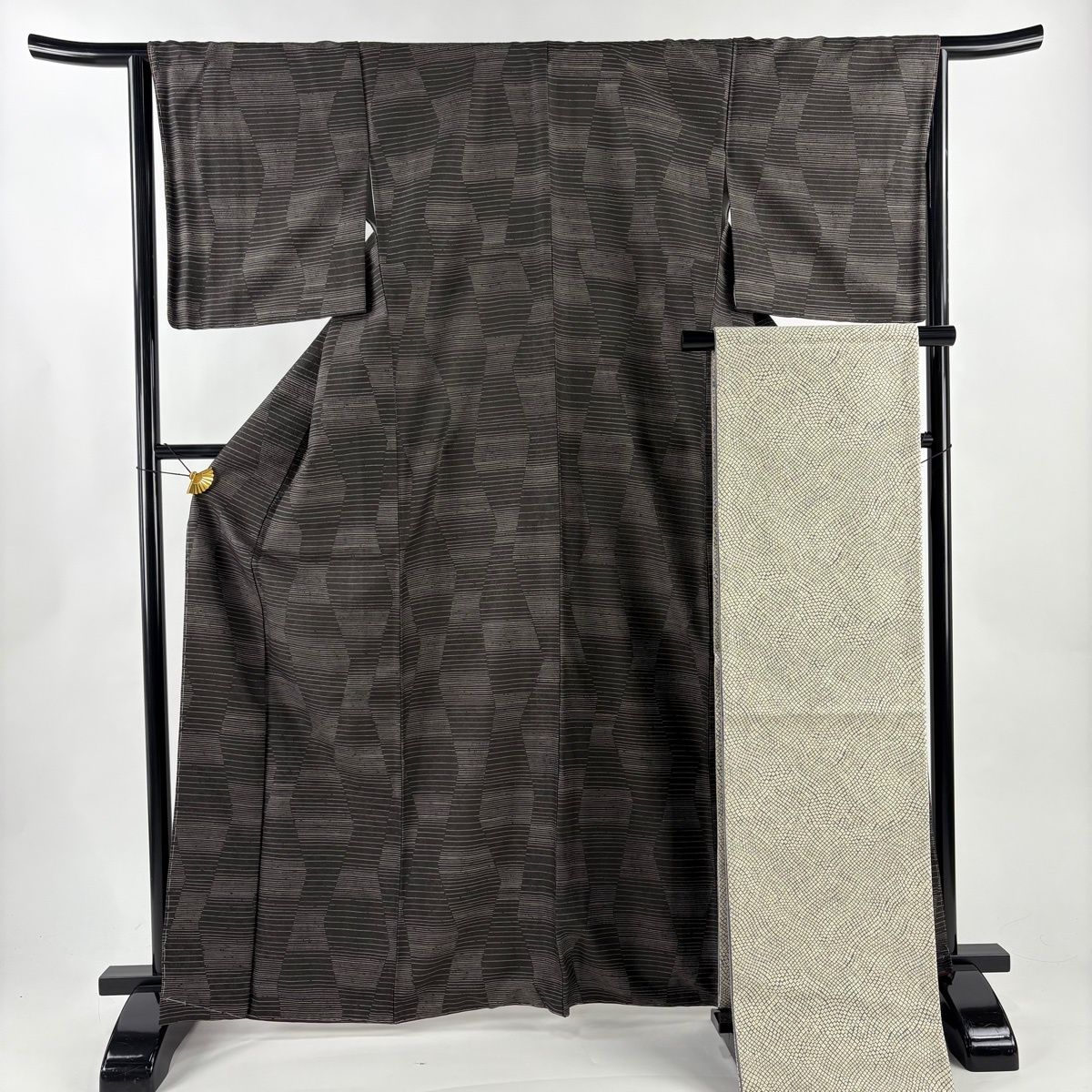 小紋 身丈165 cm 裄丈64 5 M 袷 袋帯セット 縞 地紋 墨色 正絹 秀品