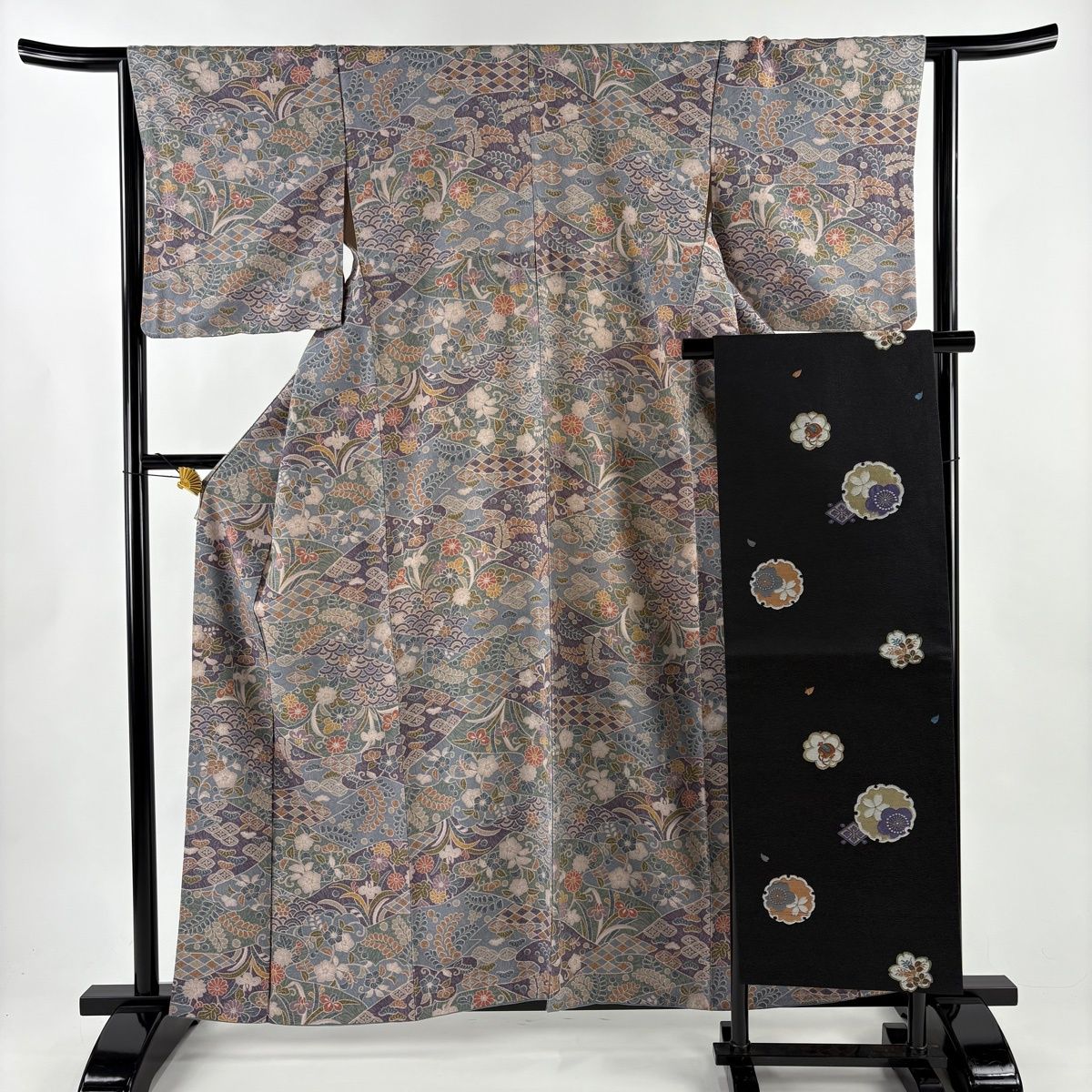 小紋 身丈159 cm 裄丈63.5 S 袷 名古屋帯セット 青海波 草花 青灰色 正絹 秀品