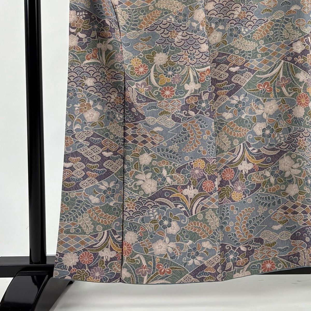 小紋 身丈159 cm 裄丈63.5 S 袷 名古屋帯セット 青海波 草花 青灰色 正絹 秀品