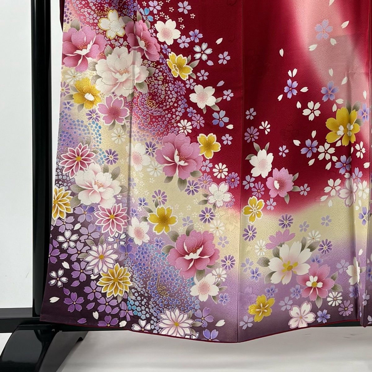 振袖 身丈160.5 cm 裄丈65 M 袷 袋帯フルセット 牡丹 桜 箔 金彩 赤 正絹 秀品
