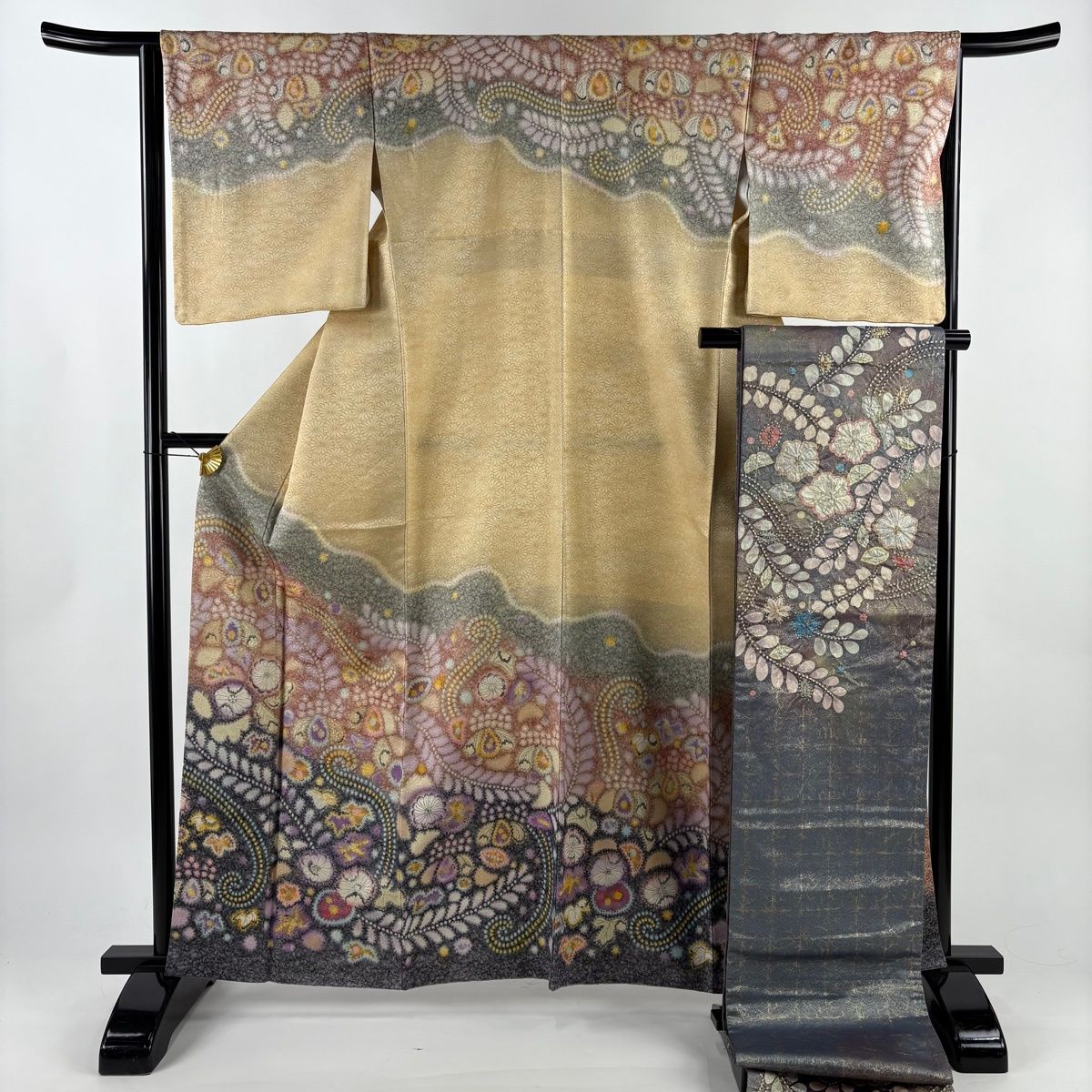 美品】 訪問着 身丈163cm 裄丈64.5cm M 袷 袋帯セット 落款 辻が花柄