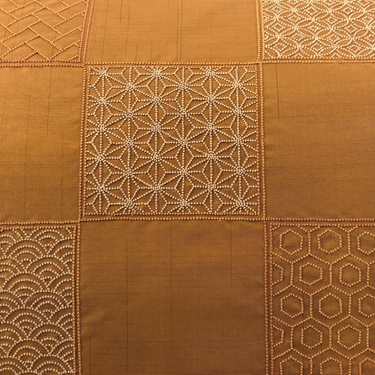 名古屋帯 秀品 麻の葉 青海波 刺し子刺繍 オレンジ 正絹