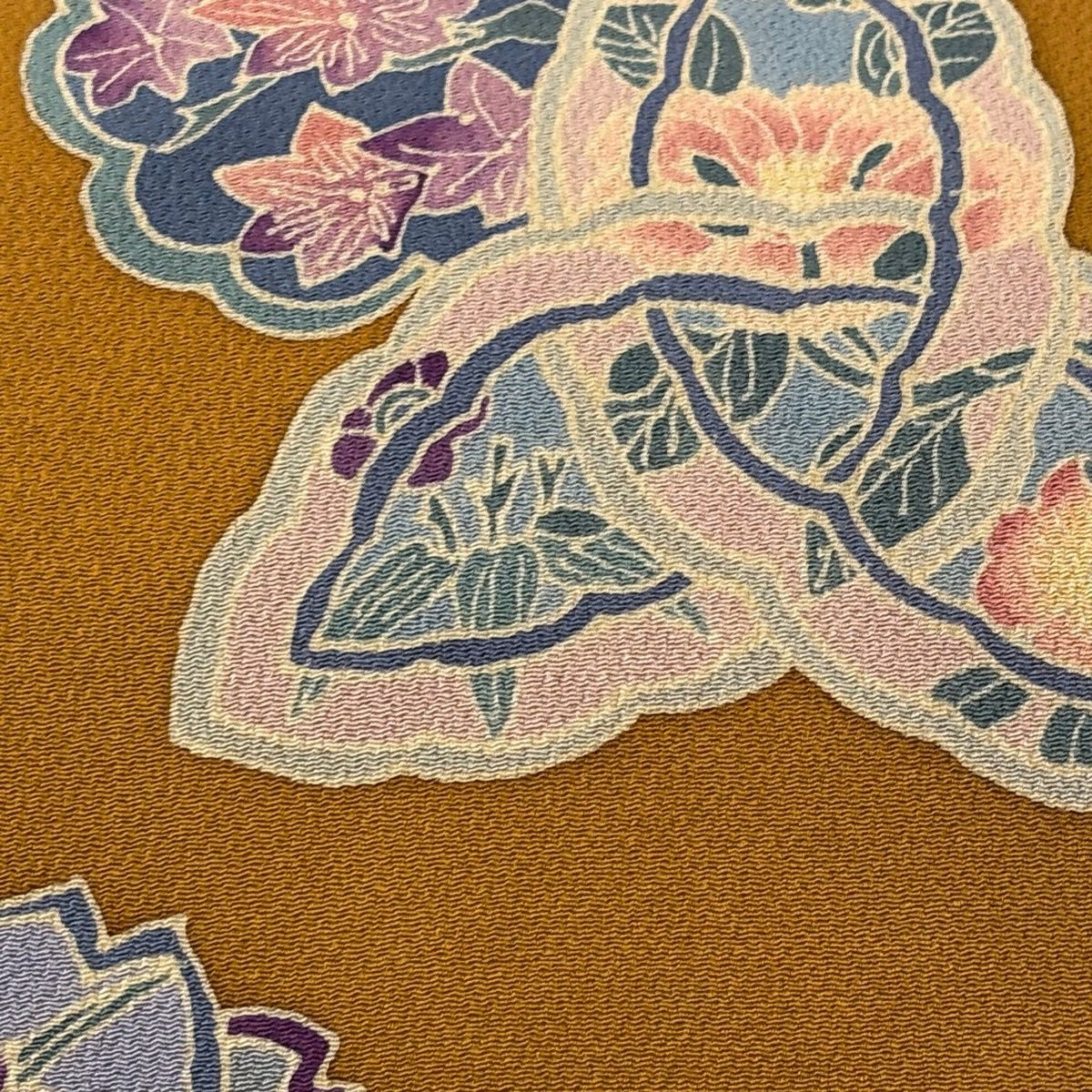 名古屋帯 秀品 落款 桜 草花 縮緬 茶色 正絹