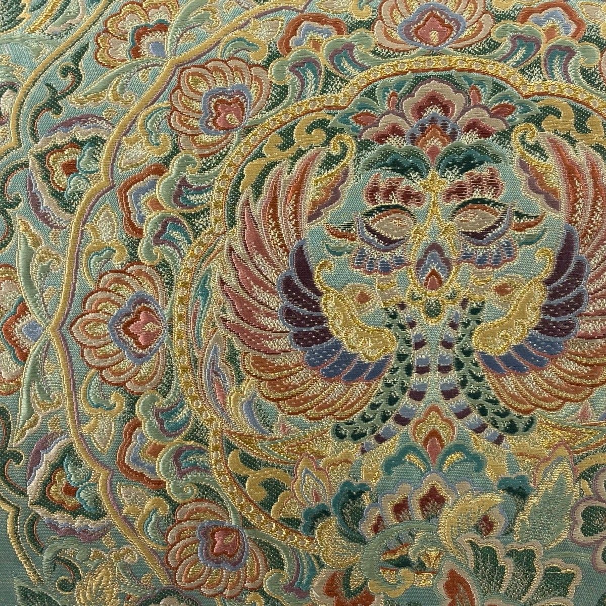 袋帯 秀品 落款 豊田宏一 向かい鳳凰華文 華文 向かい鳥 金糸 箔 薄緑 六通 正絹