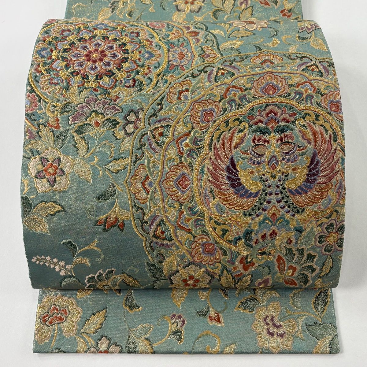袋帯 秀品 落款 豊田宏一 向かい鳳凰華文 華文 向かい鳥 金糸 箔 薄緑 六通 正絹
