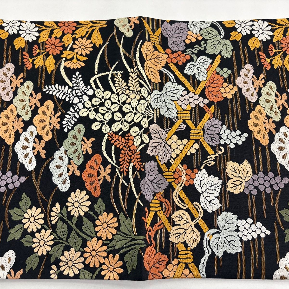  袋帯 秀品 葡萄 秋草 唐織 箔 黒 六通 正絹 袋帯 帯