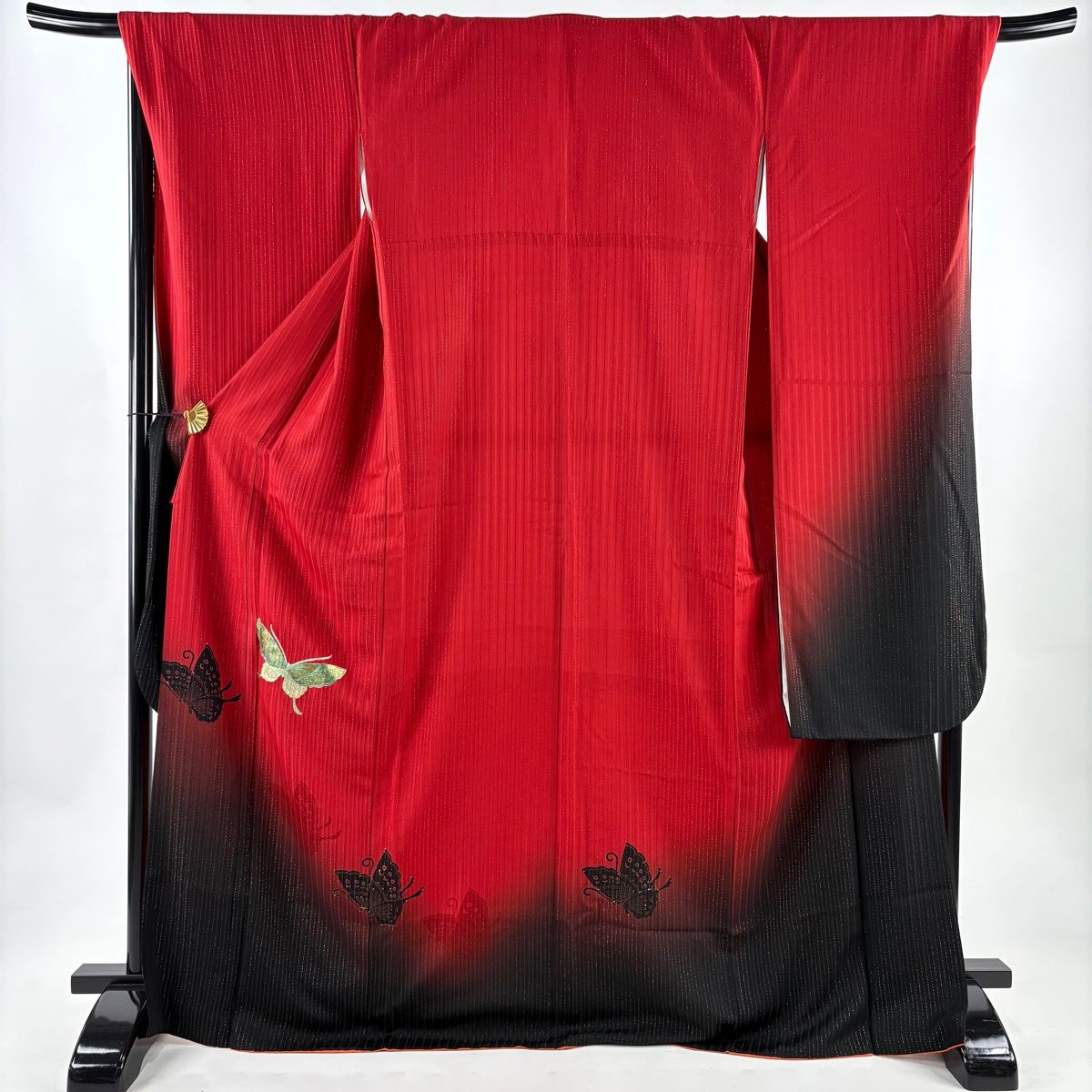 振袖 身丈172 cm 裄丈70 L 袷 蝶 縦縞 箔 金彩 赤 正絹 名品