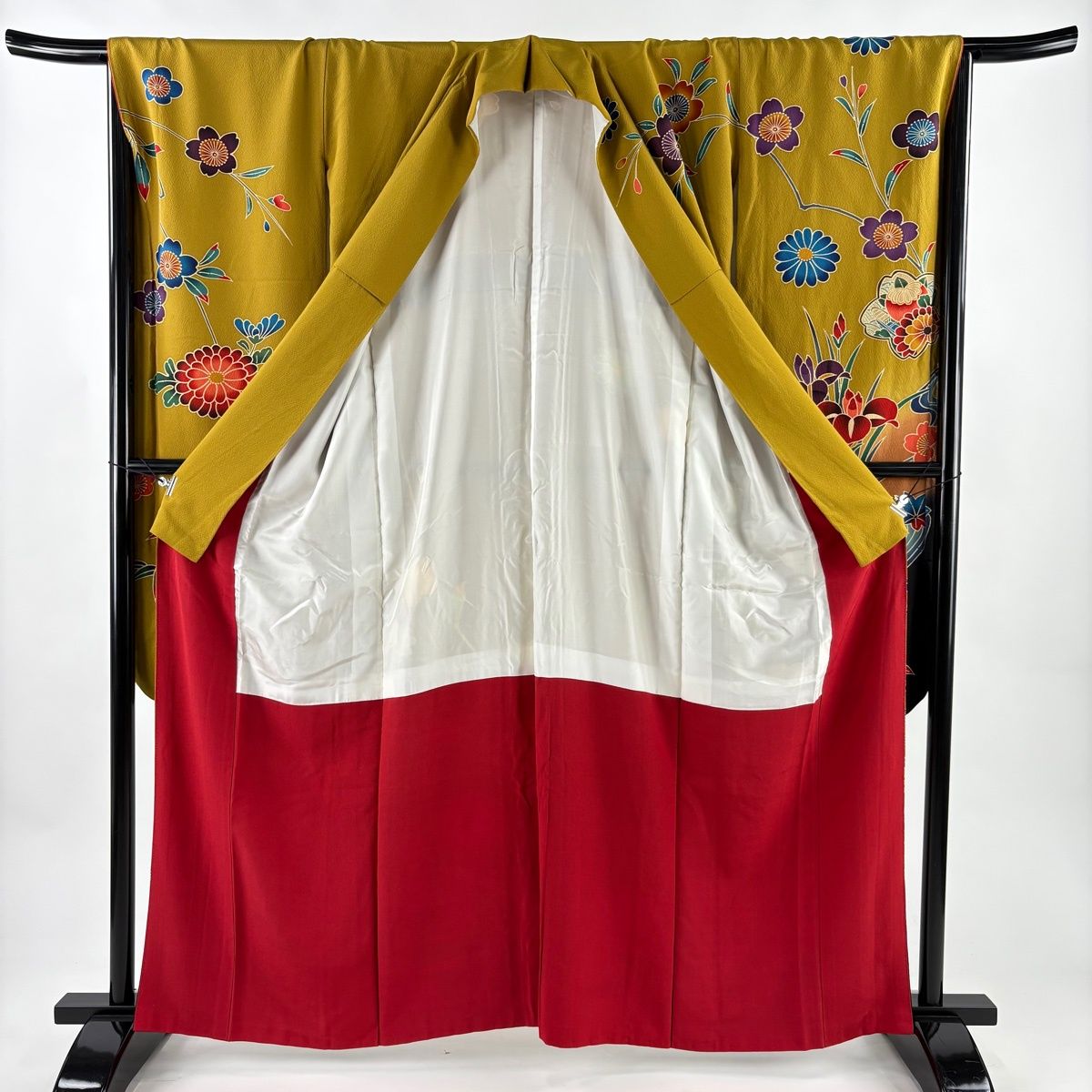  振袖 身丈161.5 cm 裄丈66 M 袷 桜 牡丹 染め分け 黄土色 正絹 振袖 着物