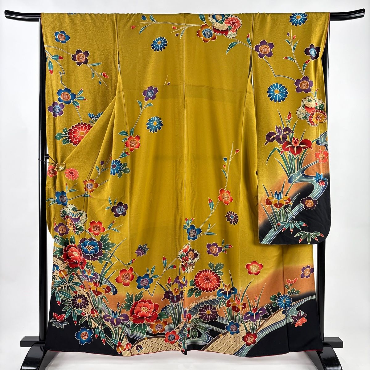 振袖 身丈161.5 cm 裄丈66 M 袷 桜 牡丹 染め分け 黄土色 正絹 名品