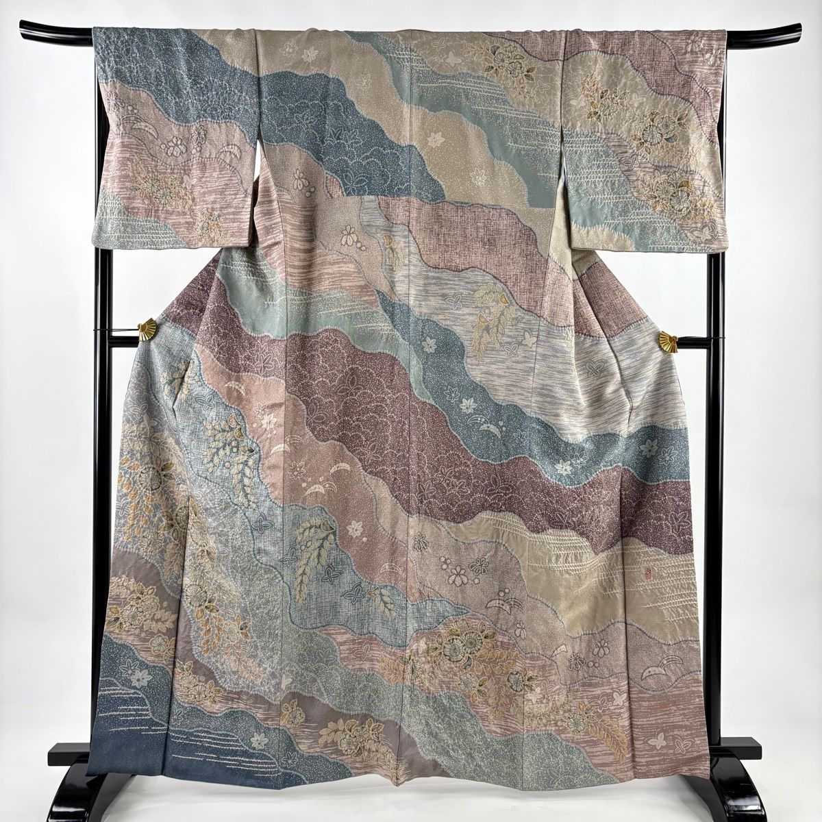 訪問着 身丈163.5 cm 裄丈67 M 袷 翠山工房 落款 辻が花 道長取り 銀通し 染め分け 薄小豆 正絹