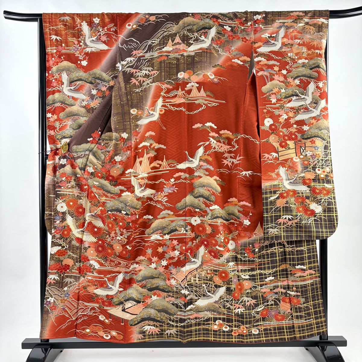 振袖 身丈158 cm 裄丈66 M 袷 鶴 松竹梅 金糸 金彩 赤茶 正絹