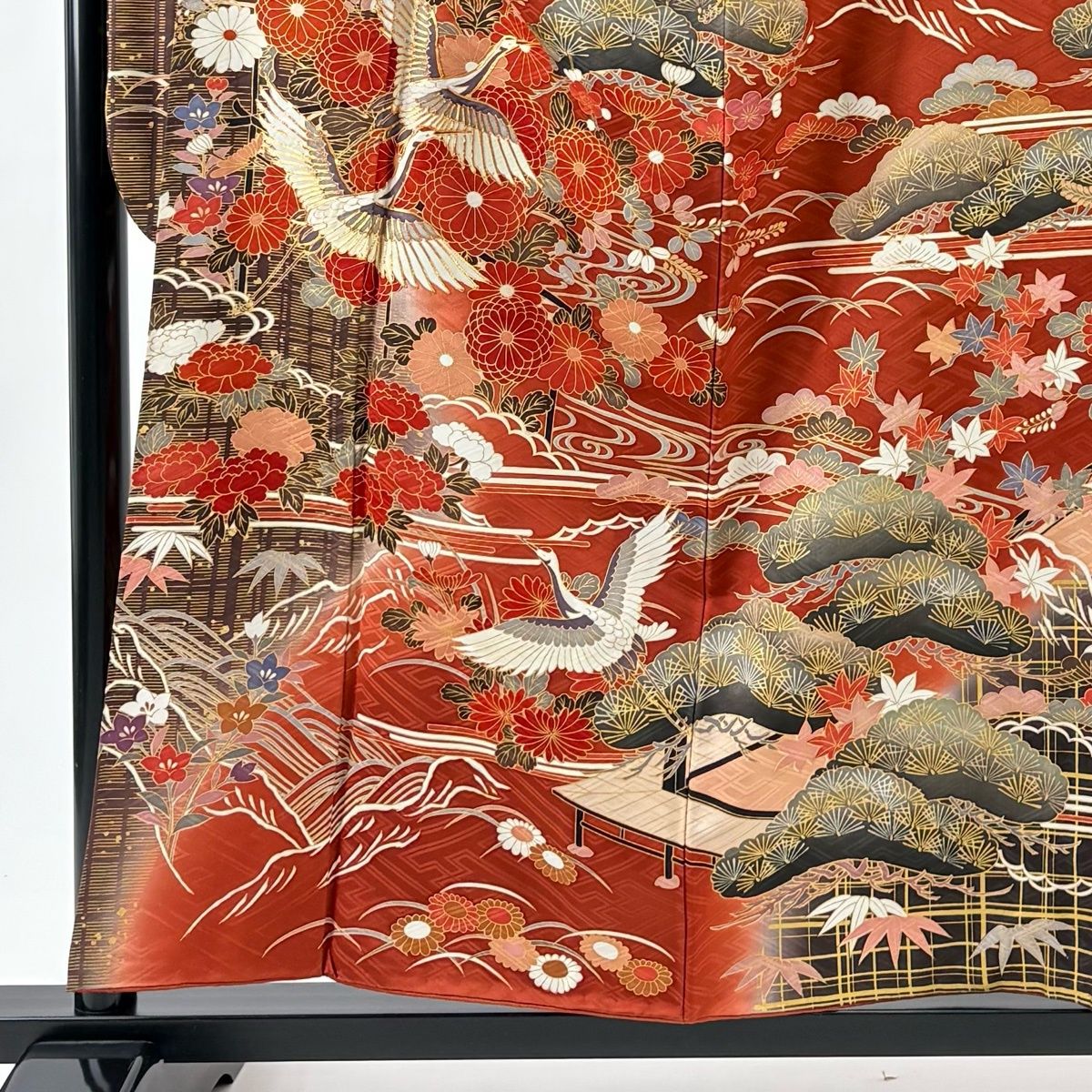 振袖 身丈158 cm 裄丈66 M 袷 鶴 松竹梅 金糸 金彩 赤茶 正絹
