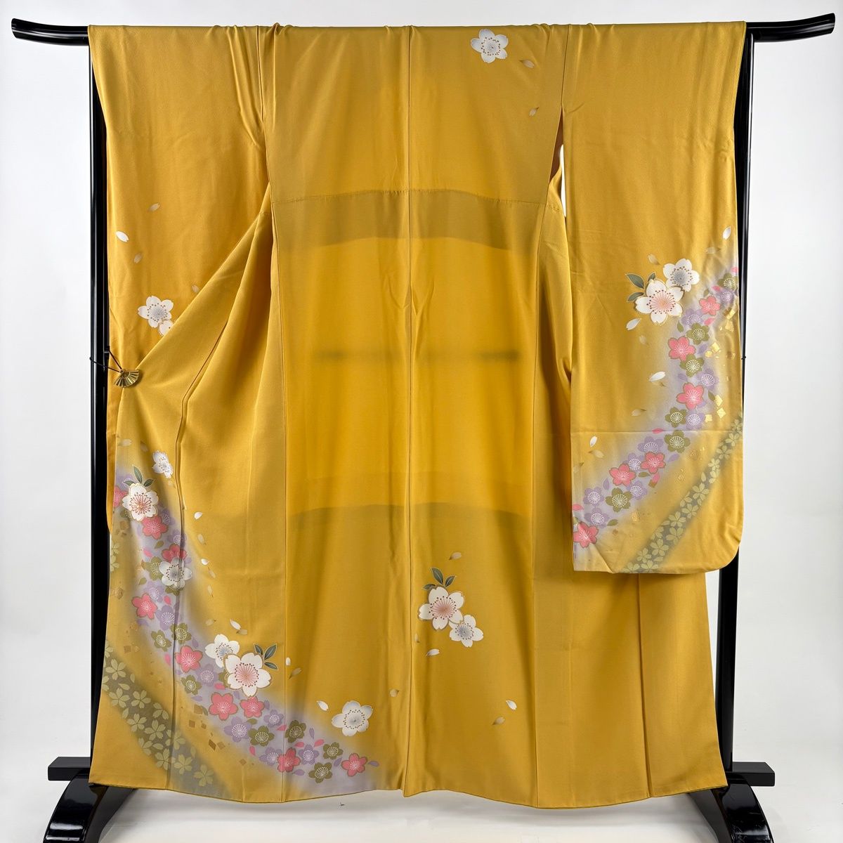 振袖 身丈162cm 裄丈67cm M 袷 鈴乃屋 桜 花びら 金彩 箔 山吹色 正絹