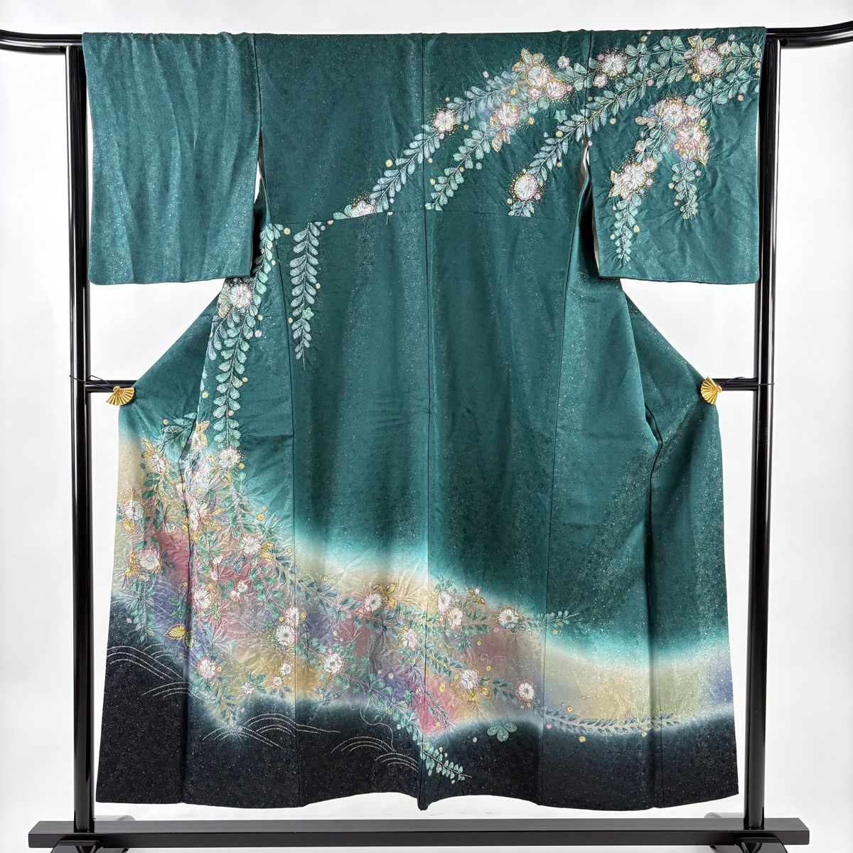 訪問着 身丈152.5cm 裄丈64.5cm M 袷 辻が花柄 銀通し 金彩 深緑 正絹