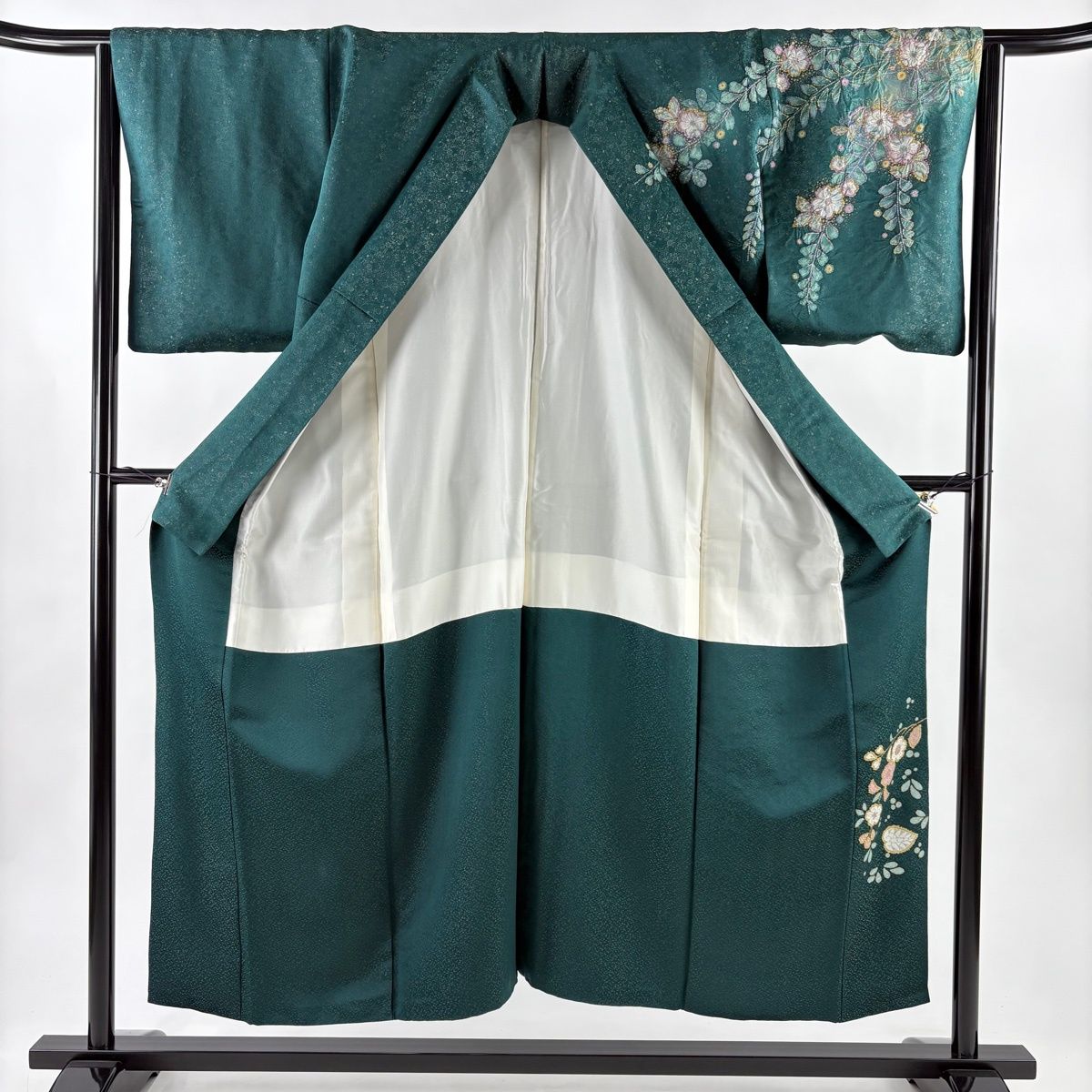  訪問着 身丈152.5 cm 裄丈64.5 M 袷 辻が花柄 銀通し 金彩 深緑 正絹 訪問着 付け下げ 着物