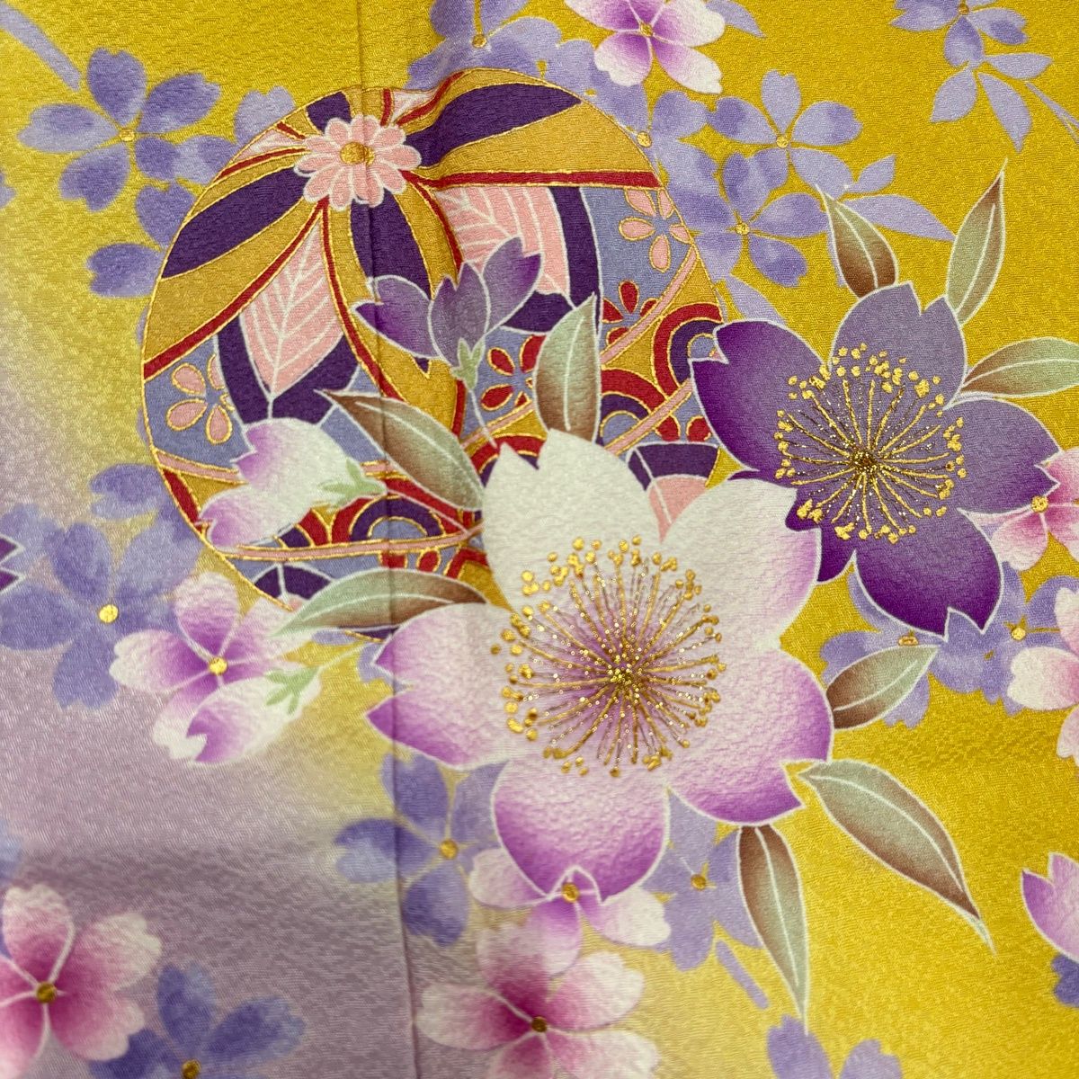 成人式振袖身丈160.5cm裄丈67cm雪輪 草花金糸金彩茶紫正絹美品セット中古 美品】 振袖 身丈160.5cm 裄丈70cm L 袷 手毬 桜 箔 金彩 黄色 正絹