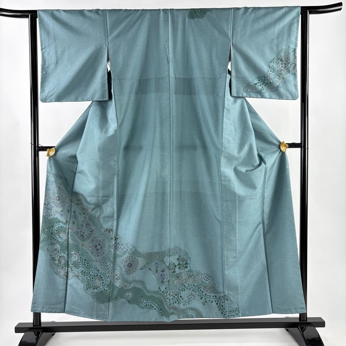 訪問着 身丈156.5 cm 裄丈63 S 袷 紬地 華文 草花 刺繍 灰緑 正絹 名品