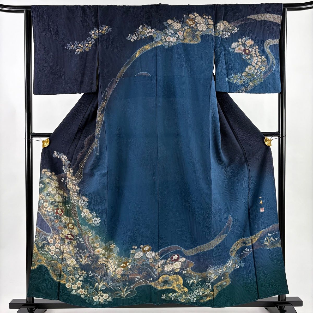 訪問着 身丈157.5 cm 裄丈65 M 袷 吉乃一廉 落款 辻が花 七宝文 金彩 濃紺 正絹
