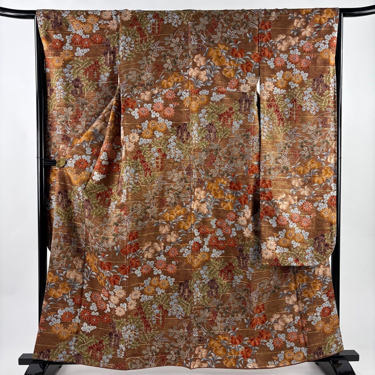 振袖 身丈159.5 cm 裄丈66.5 M 袷 河合美術織物 落款 藤 秋草文 金彩 茶色 正絹