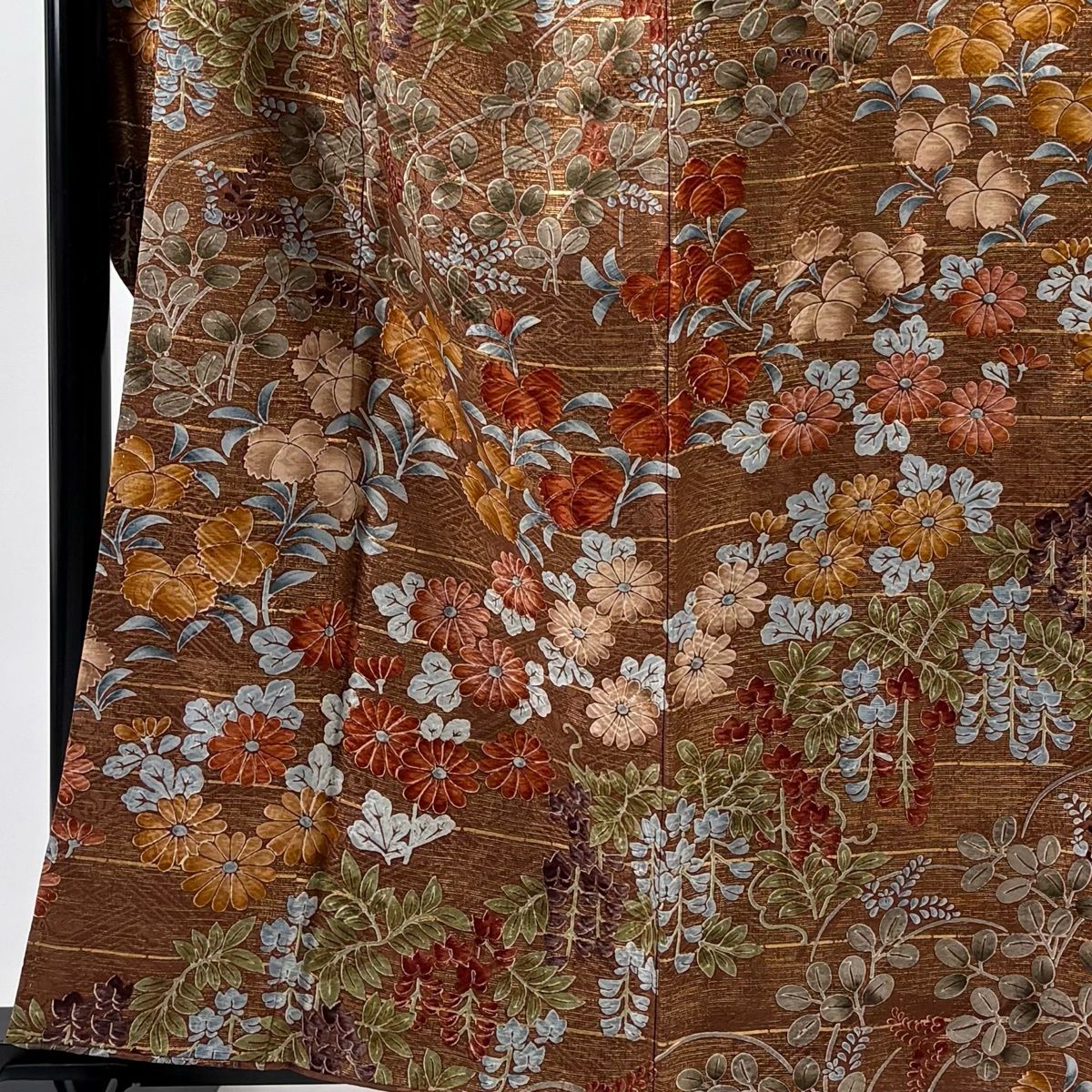 振袖 身丈159.5 cm 裄丈66.5 M 袷 河合美術織物 落款 藤 秋草文 金彩 茶色 正絹