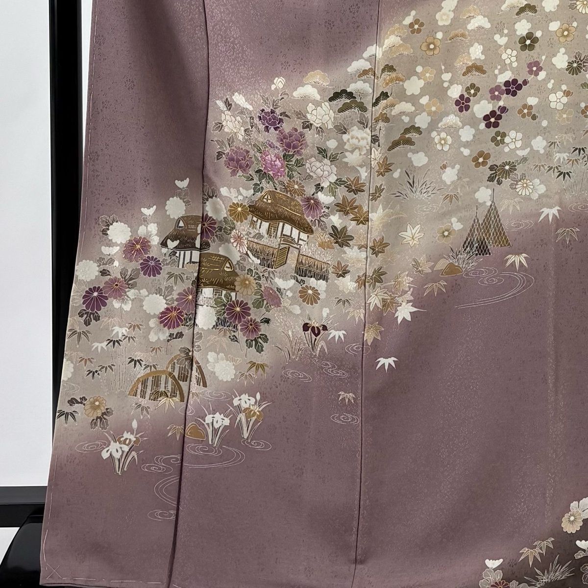 訪問着 身丈169 cm 裄丈69 L 袷 帝王紫 落款 家屋 草花 金糸 刺繍 灰紫 正絹