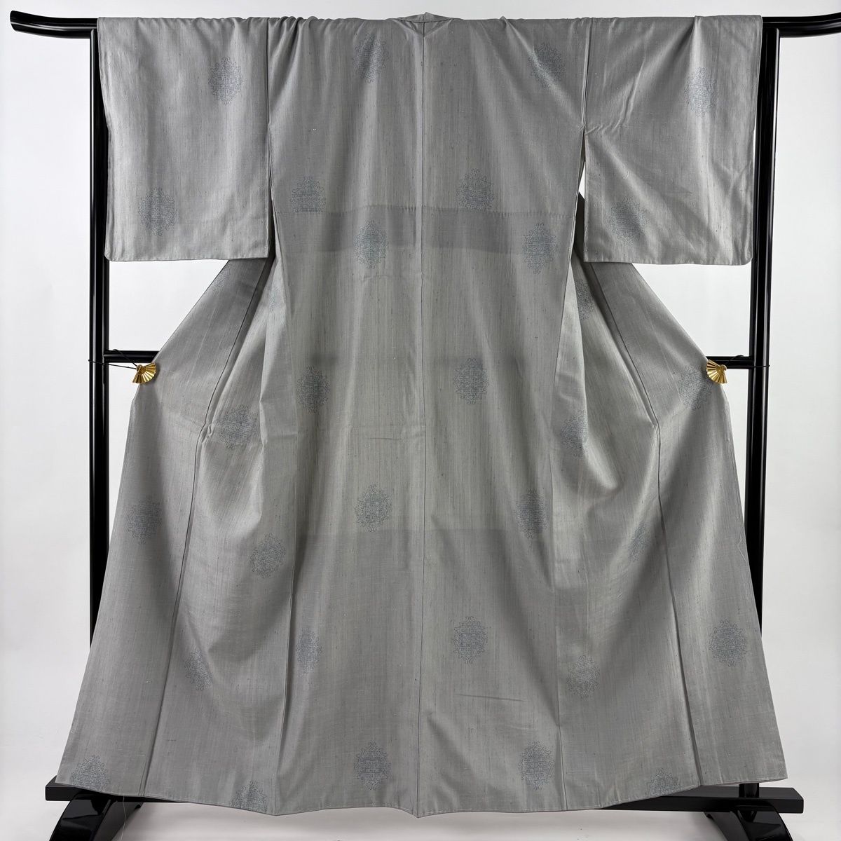 結城紬 身丈160cm 裄丈68cm L 袷 証紙 幾何学 亀甲絣 灰色 正絹 逸品