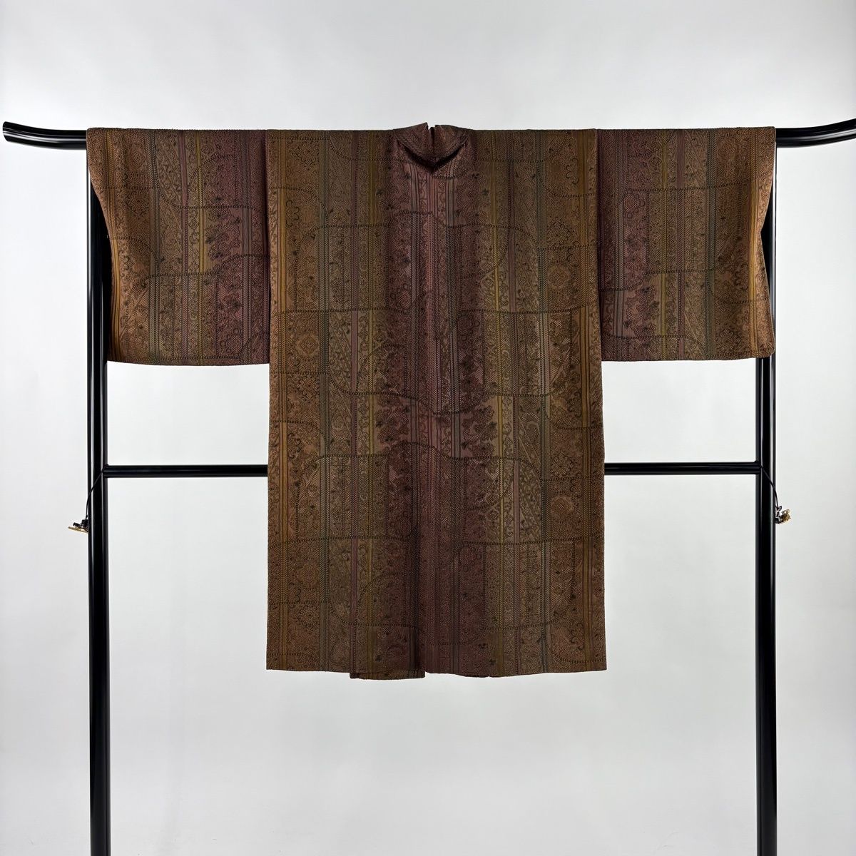 道中着 身丈104 cm 裄丈69 L 和装コート 縦縞 草花 ぼかし 茶色 正絹