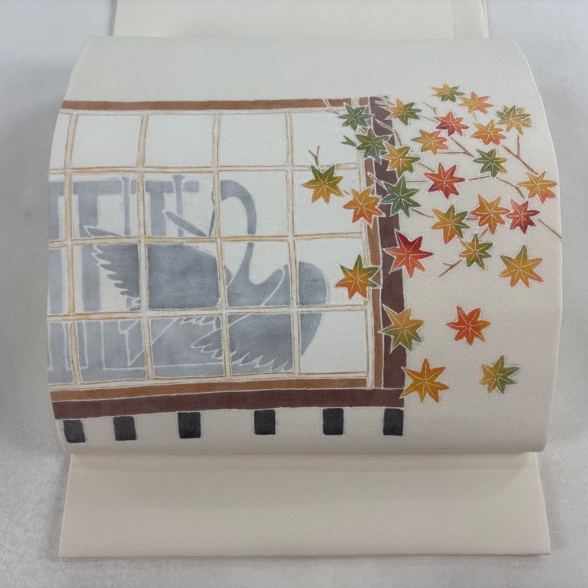 開き名古屋帯 落款 鶴の恩返し クリーム 正絹